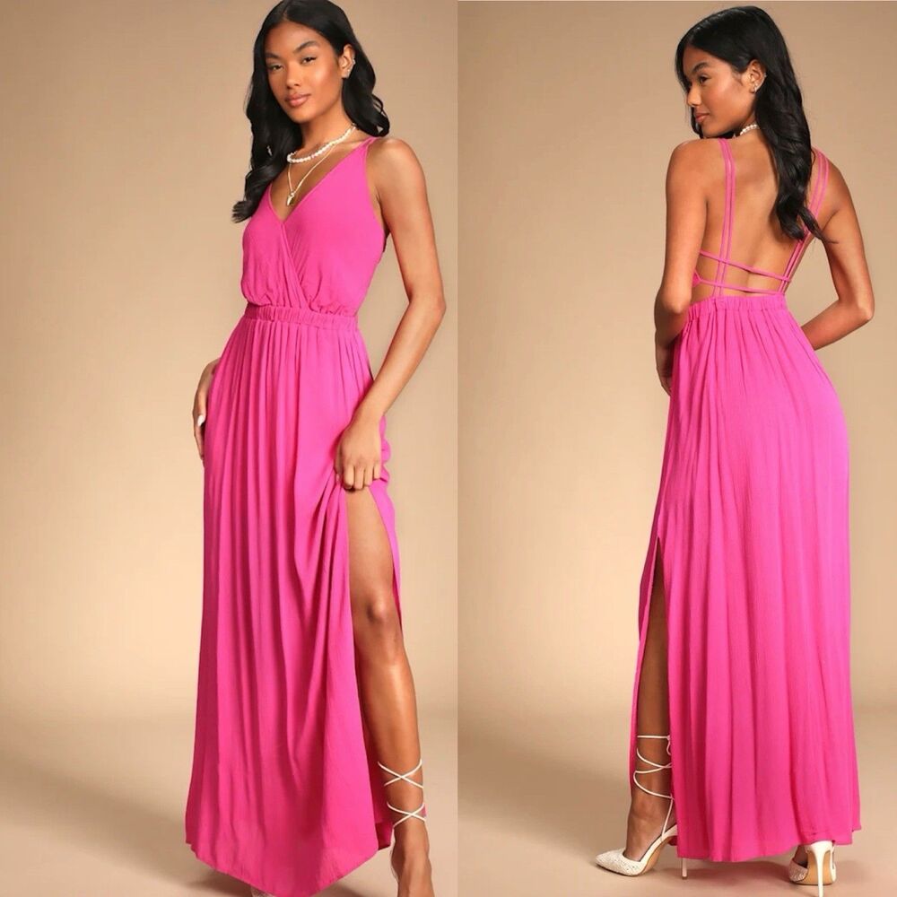 Lulus Lost in Paradise Hot Pink V-Neck Strappy Open Back Maxi Dress XL Romantic
